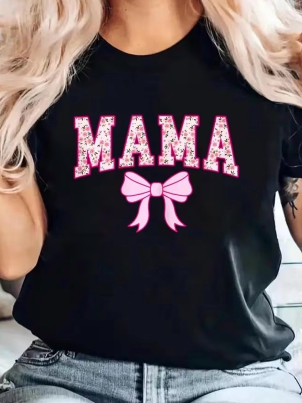 MAMA Pink Floral Lettering Black Tee
